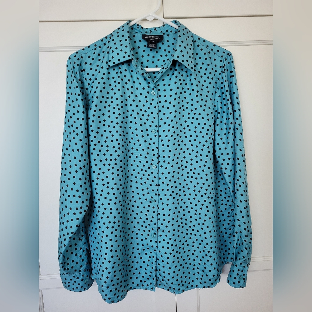 Vintage Aqua Silk Jones New York Signature Blouse with Polka Dots, petite Large